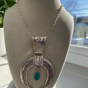 Vintage Navajo Sterling Silver Turquoise Squash Blossom Naja Necklace